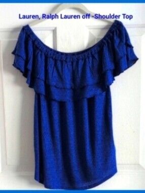 Lauren Ralph Royal Blue Off-Shoulder Ruffle Top, Med, Summer